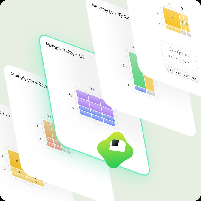 A series of progressively harder polynomial multiplication problems shown as stacked cards, with Koji highlighting the current challenge