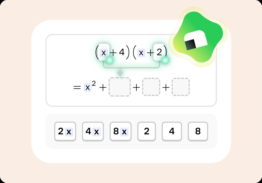 Interactive algebra exercise expanding (x+4)(x+2) step by step, with draggable answer tiles and Koji providing guidance