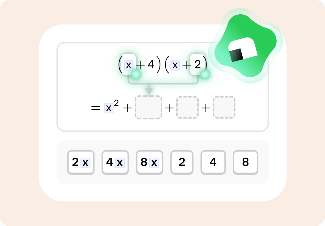 Interactive algebra exercise expanding (x+4)(x+2) step by step, with draggable answer tiles and Koji providing guidance