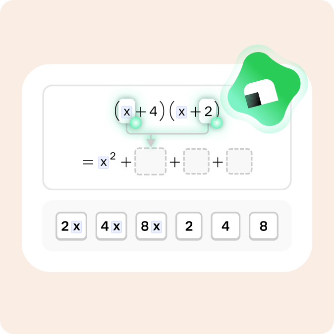 Interactive algebra exercise expanding (x+4)(x+2) step by step, with draggable answer tiles and Koji providing guidance