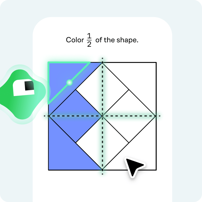 Interactive exercise asking the learner to color half of a geometric shape, with Koji guiding along