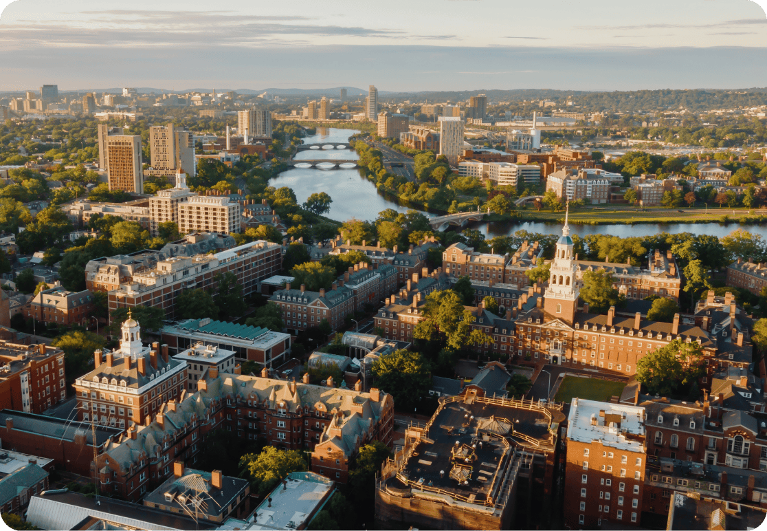 Aerial view of a university campus with historic brick buildings