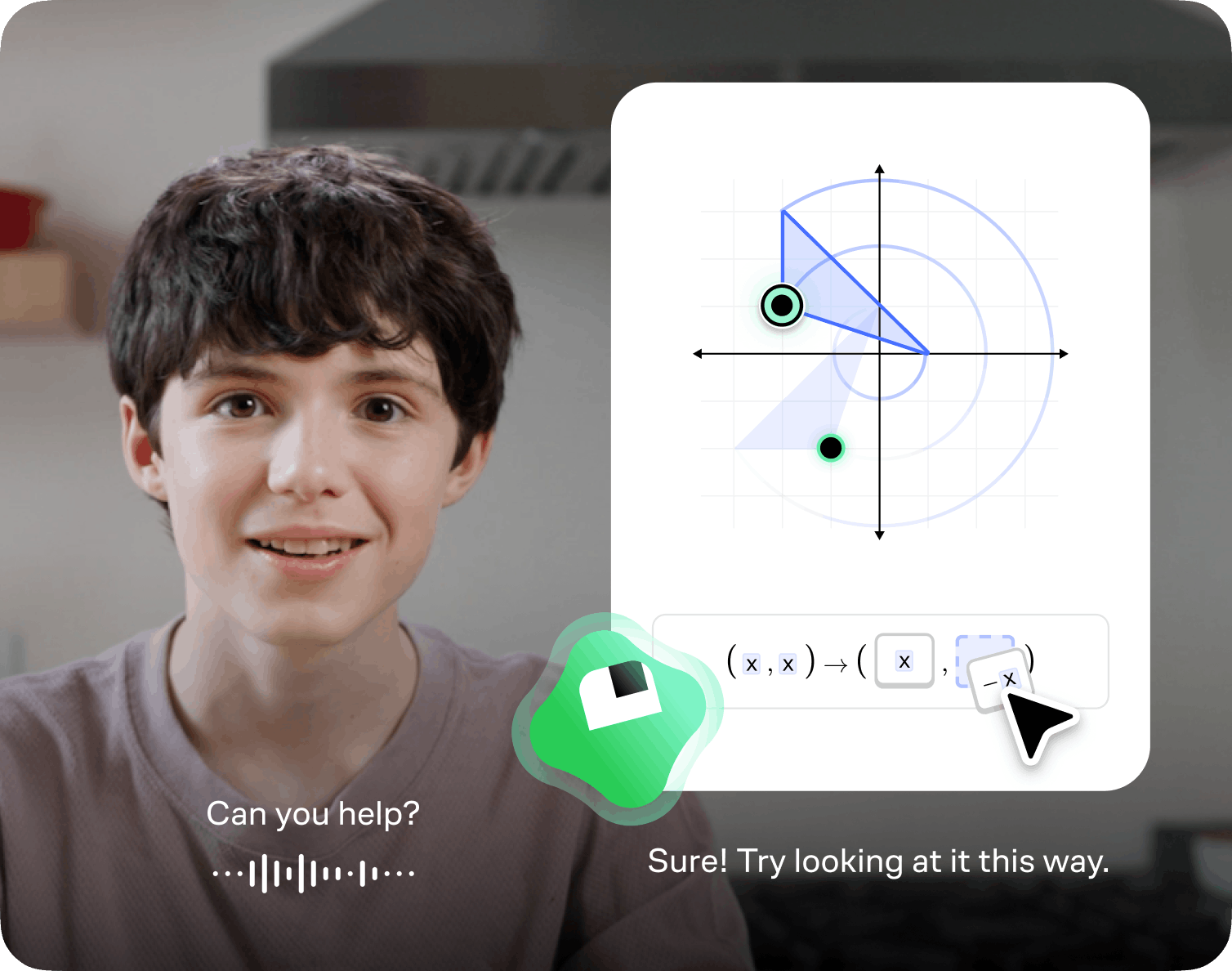 Student using Brilliant’s AI tutor to solve a coordinate geometry problem. They ask “Can you help?” and the tutor responds: “Sure! Try looking at it this way.”