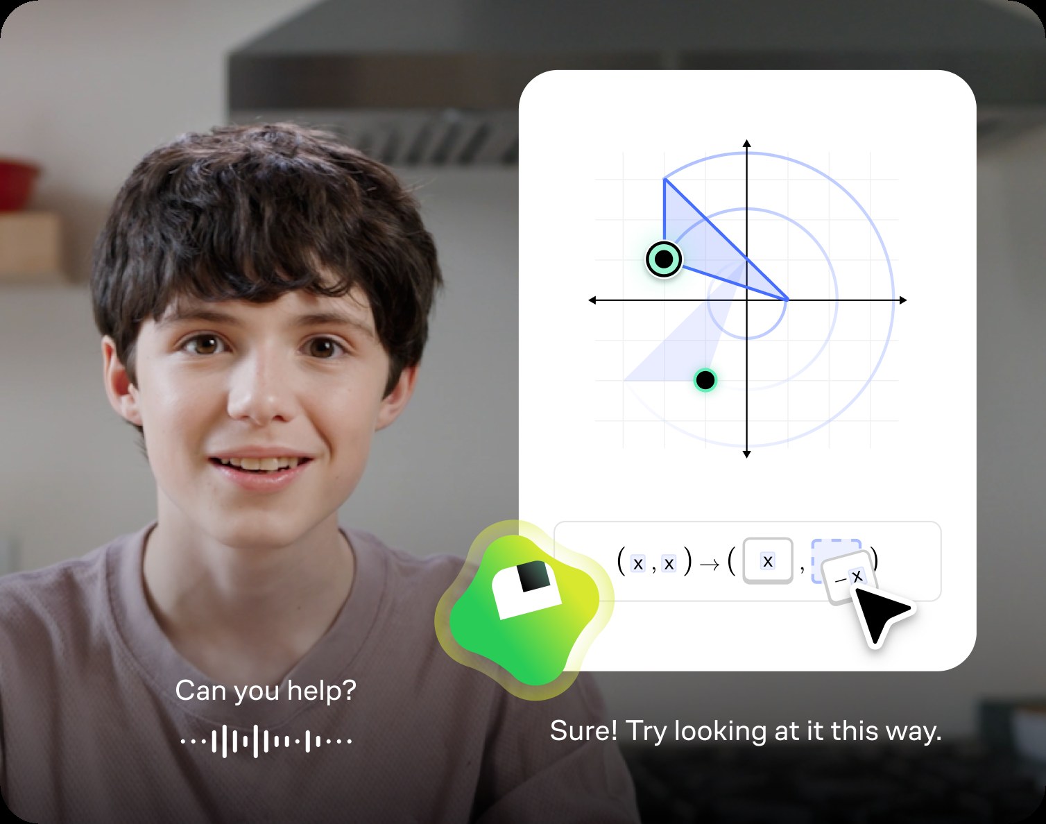 Student using Brilliant’s AI tutor to solve a coordinate geometry problem. They ask “Can you help?” and the tutor responds: “Sure! Try looking at it this way.”