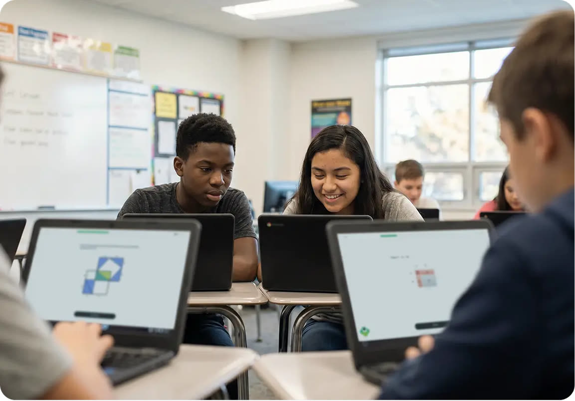 Students working through Brilliant lessons on laptops in a classroom